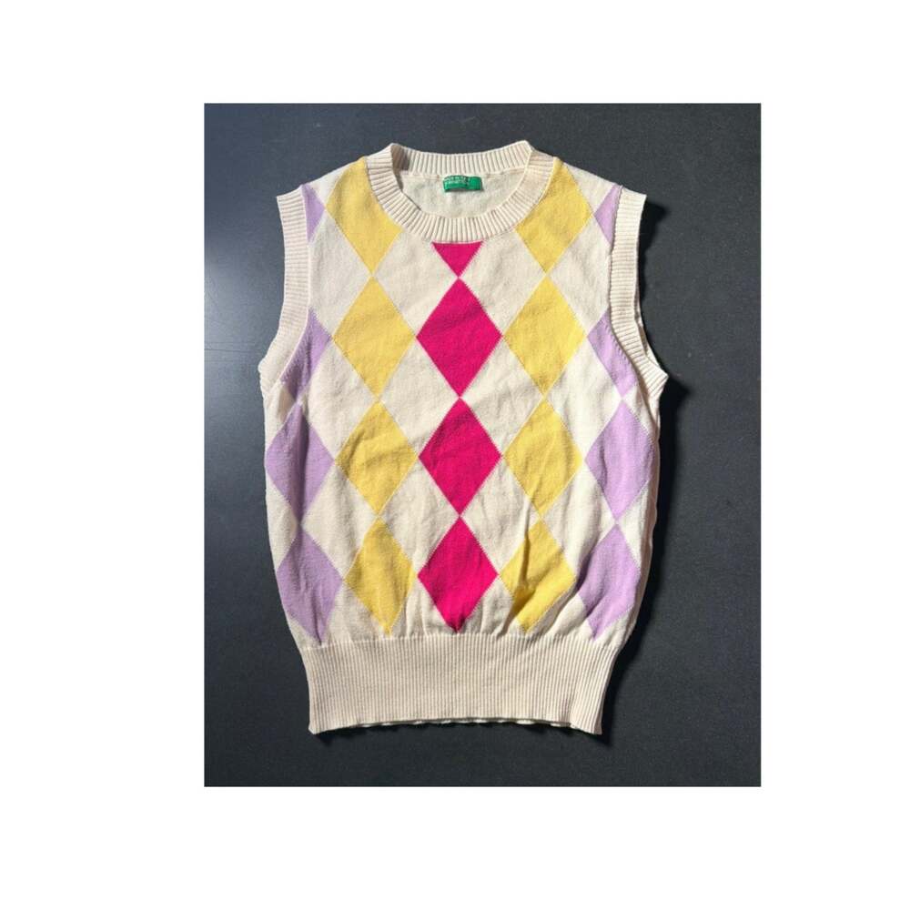 United Colors Benetton 100% Cotton Argyle Vintage Knit Grandma Sweater Vest XS